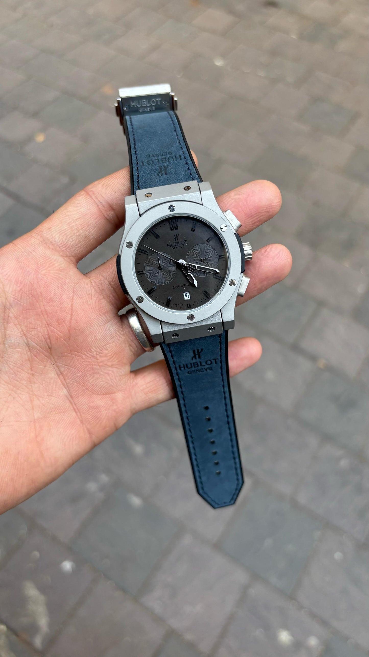 Hublot Black Dial Chronograph Blue Leather Belt Men's Watch