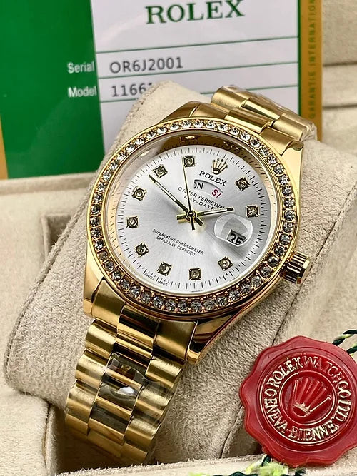 Rol.ex White Gold Analog Quartz Chain Metal Round Case Date Gift Men's Watch