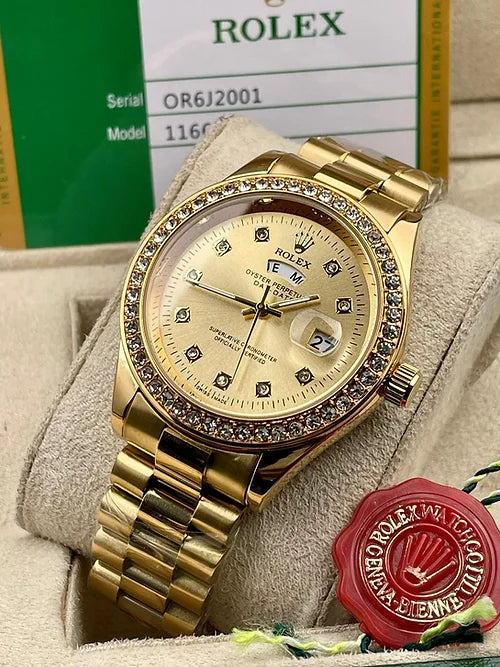 Rol.ex Gold Dial Metal Belt Analog Quartz Movement For Mens watch