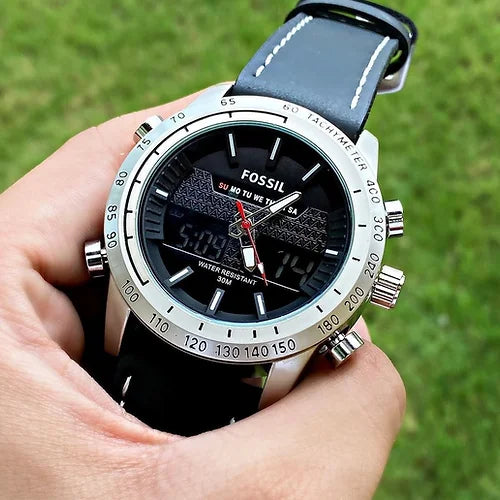 Fossil Black Dial Chronograph Leather Belt Analog Digital Men s Watch Yours Watch