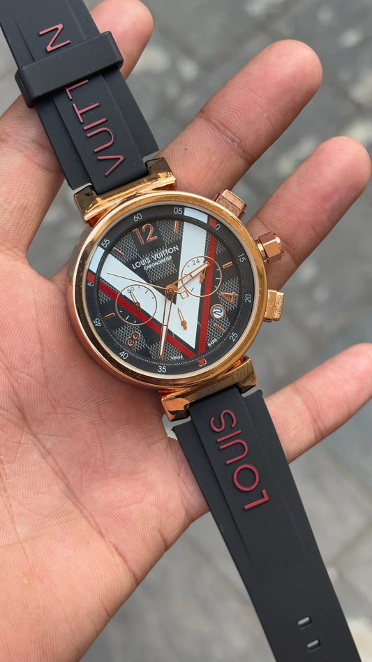 L0uis Vuitt0n Chronograph Black Dial Silicone Belt Men's Watch
