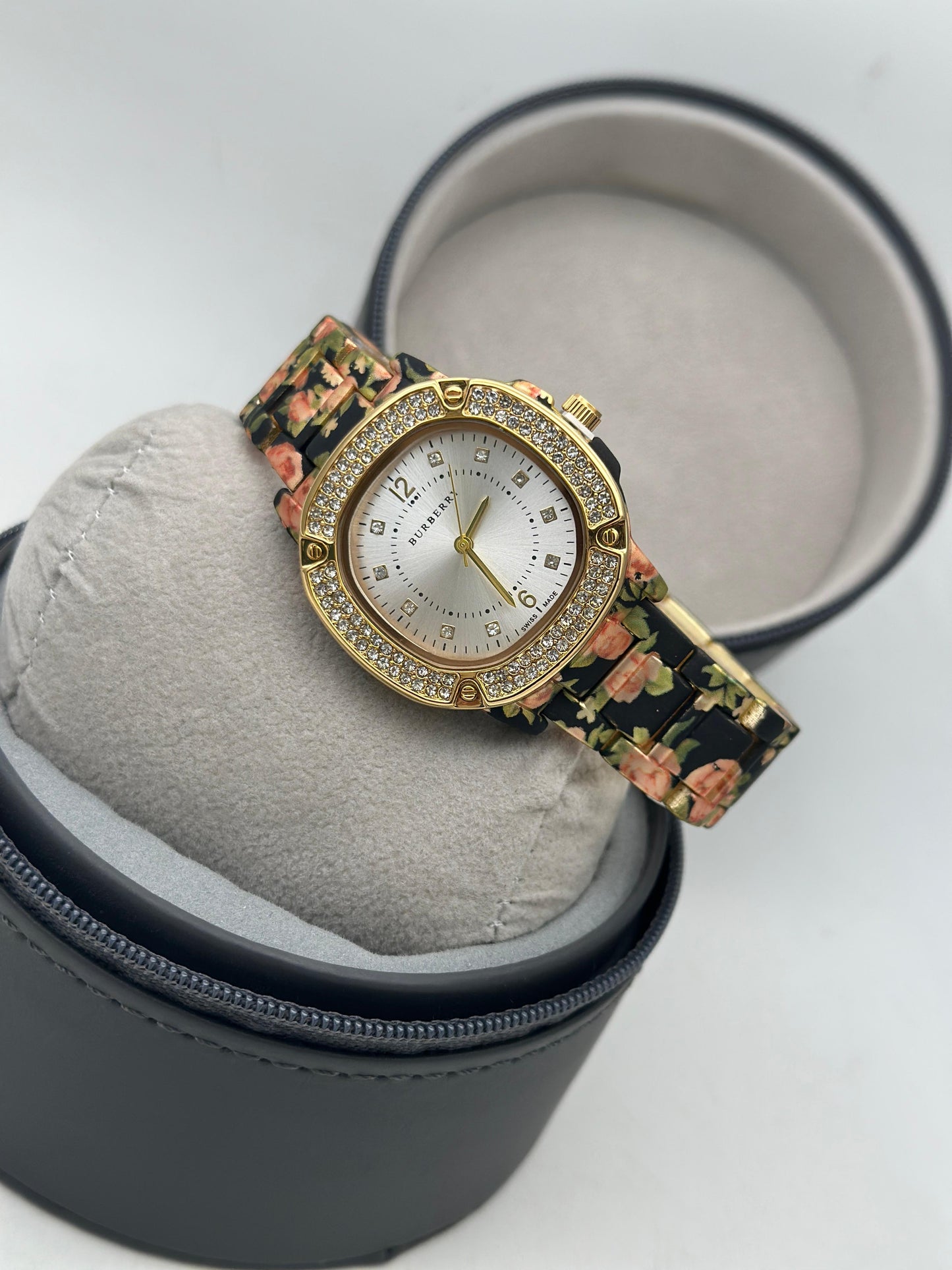 Burberry Silver Dial Black Flower Designer Women's Watch