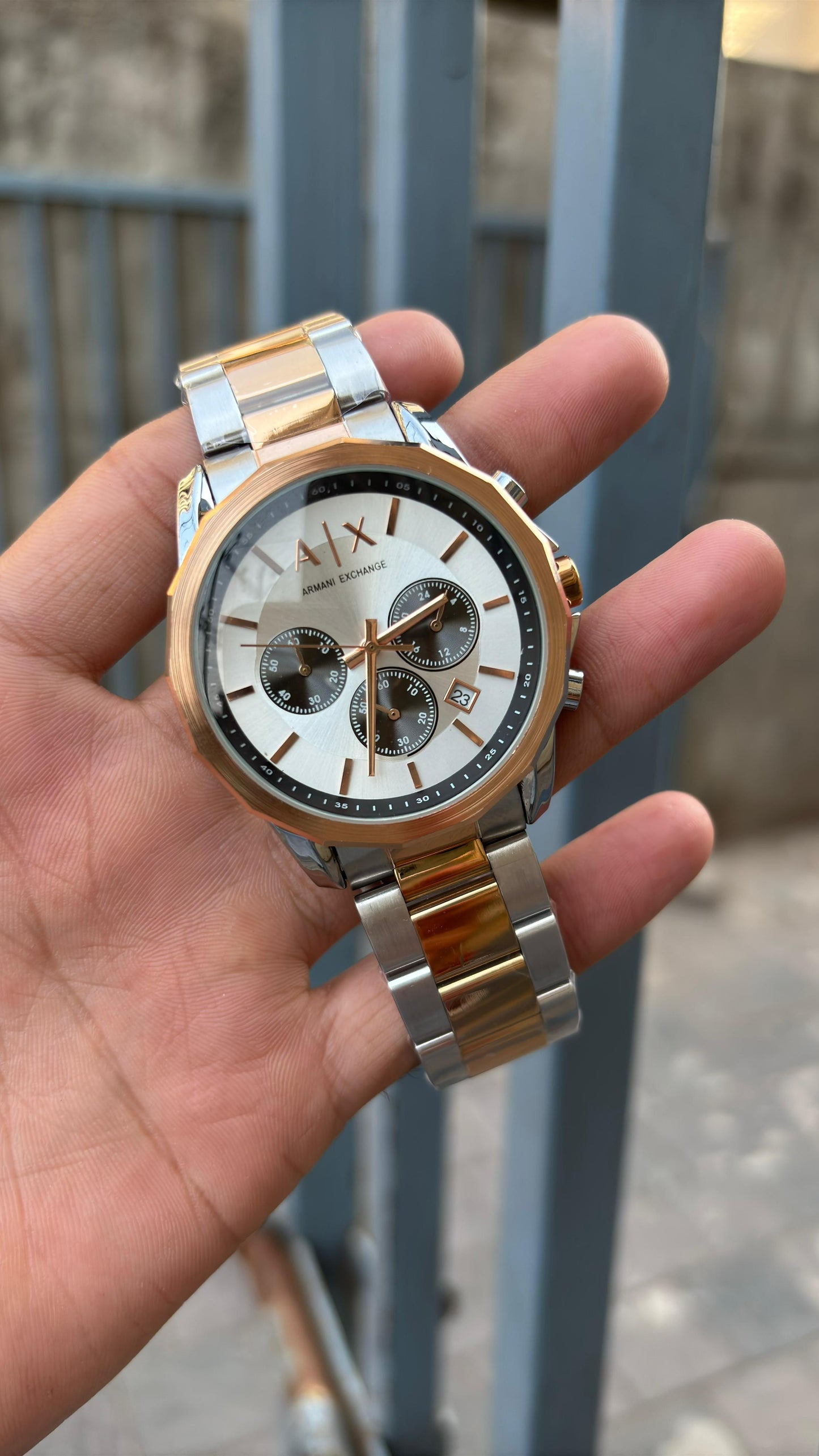 Ar.mani Exchange White Dial Chronograph Two-Tone Metal Belt Watch For Men's