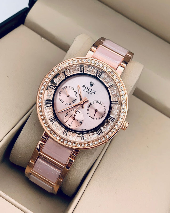 Ro-lex Rose Gold Dial Metal Belt Women Watch