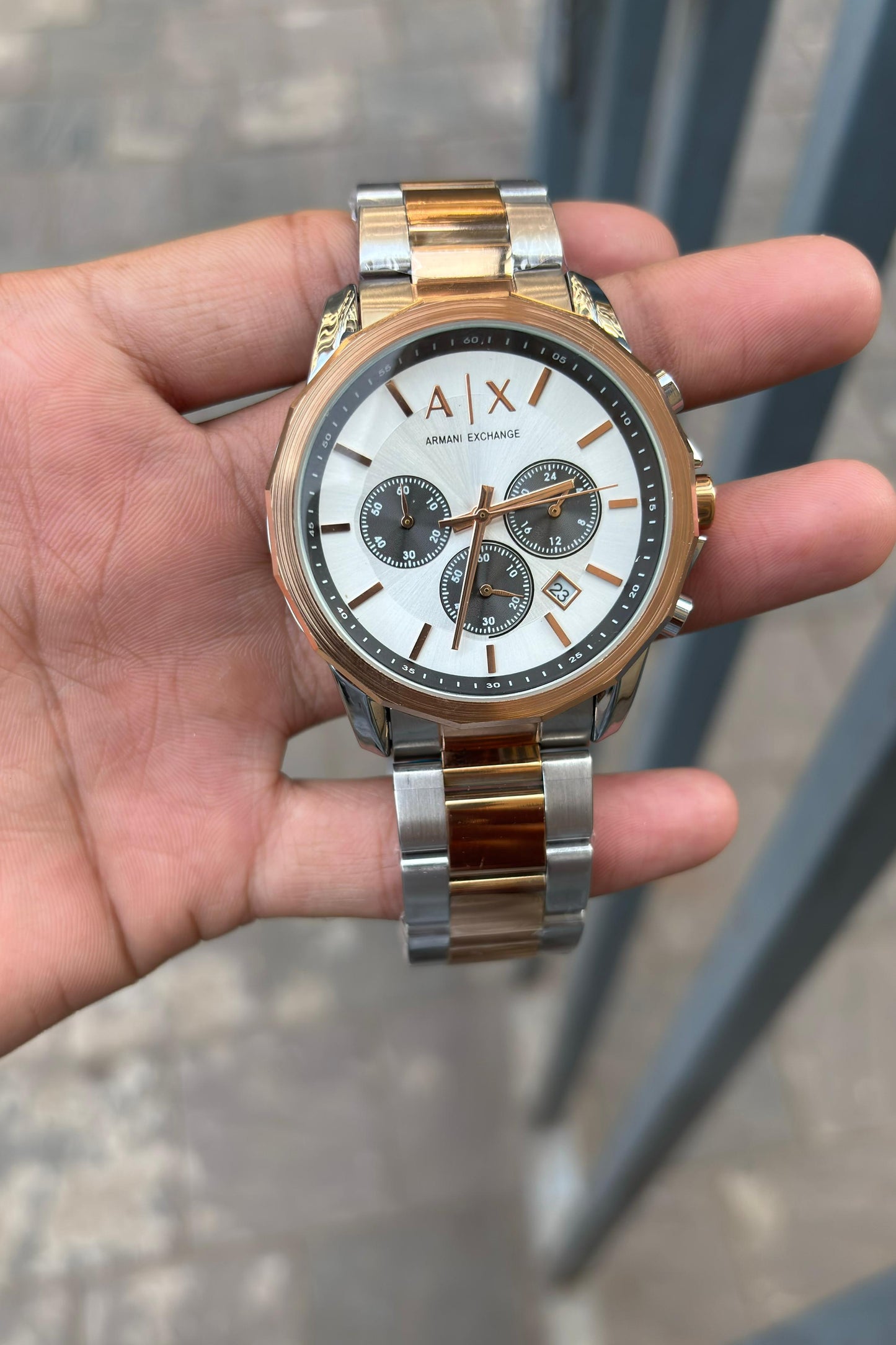 Ar.mani Exchange White Dial Chronograph Two-Tone Metal Belt Watch For Men's