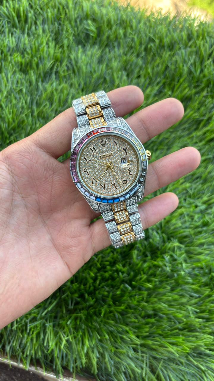 Ro-lex Analog Rainbow Dial Arabic Numerals Diamond Men’s Watch