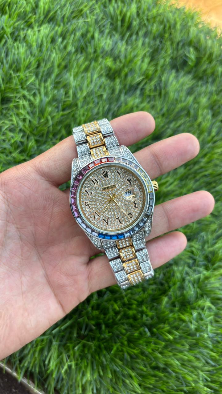 Ro-lex Analog Rainbow Dial Arabic Numerals Diamond Men’s Watch