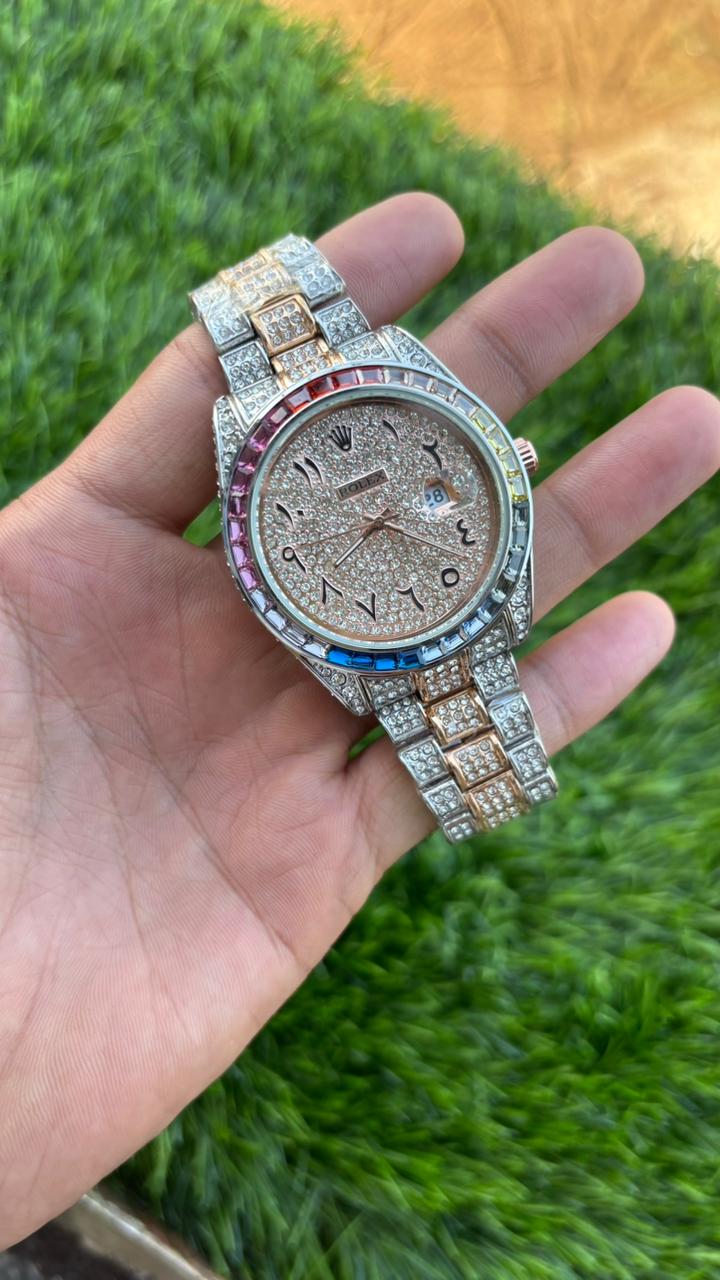 Ro-lex Analog Rose Gold and Rainbow Dial Arabic Numerals Diamond Men’s Watch