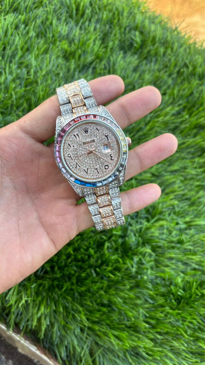 Ro-lex Analog Rose Gold and Rainbow Dial Arabic Numerals Diamond Men’s Watch