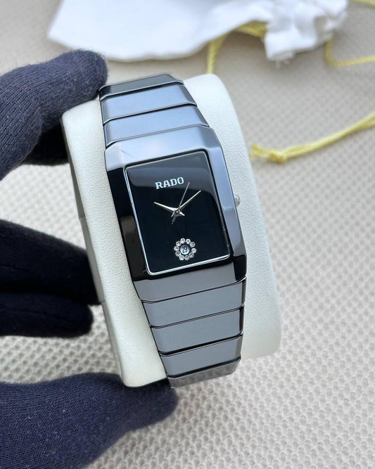 Rado Square Silver Black Dial Ceramic Belt Men's Watch