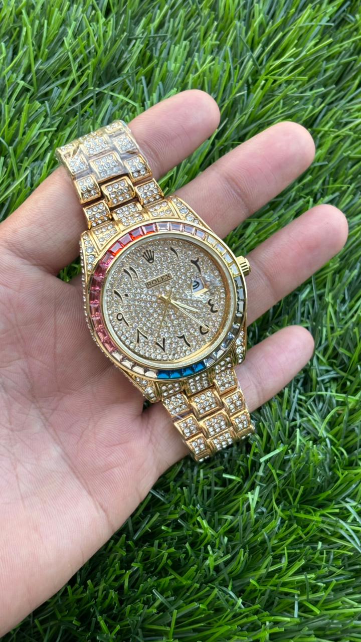 Ro-lex Analog Rainbow Dial Arabic Numerals Full Gold Diamond Men’s Watch