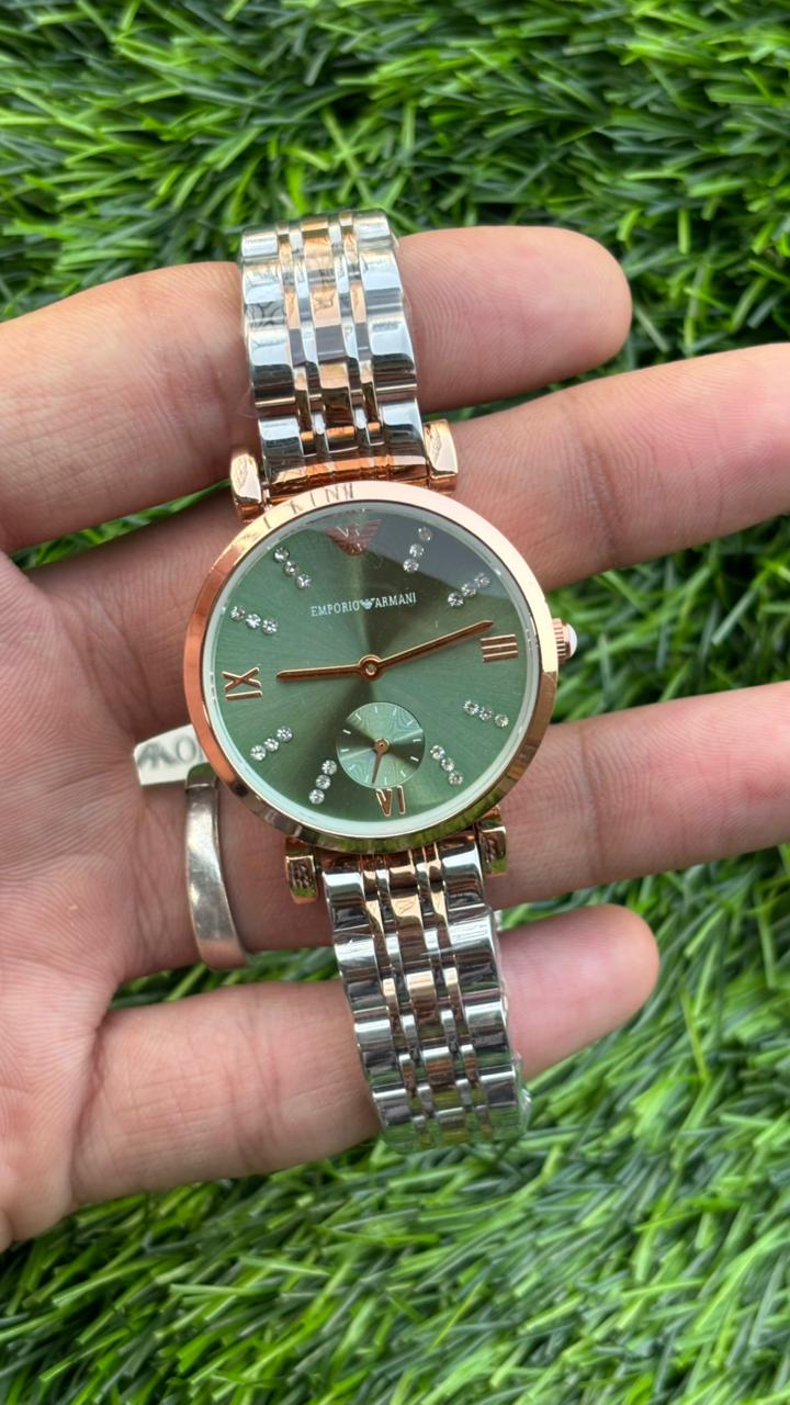 Emporio Armani Green Dial Chronograph Watch For Women's