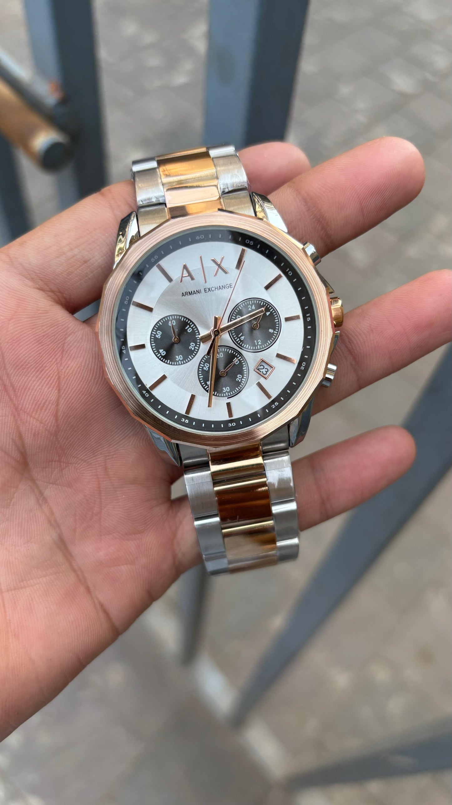 Ar.mani Exchange White Dial Chronograph Two-Tone Metal Belt Watch For Men's