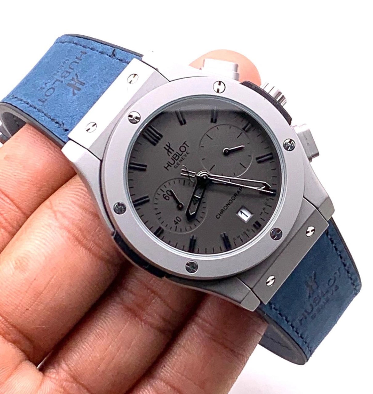 Hublot Black Dial Chronograph Blue Leather Belt Men's Watch