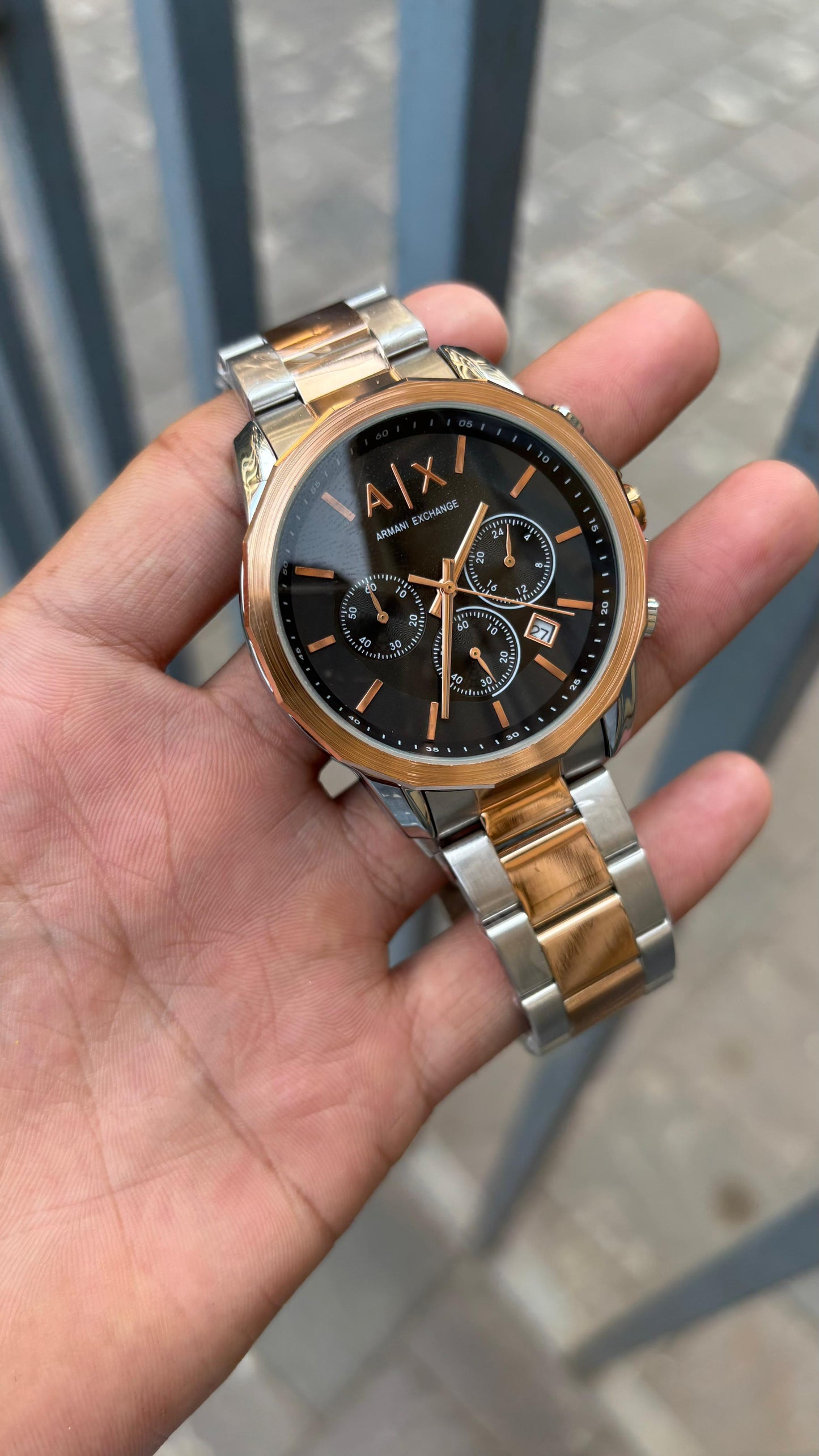 Ar.mani Exchange Black Dial Chronograph Two-Tone Metal Belt Men's Watch