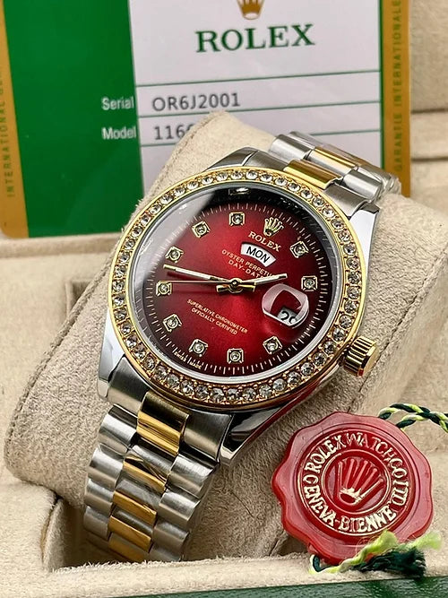 Rol.ex Red Dial Metal Belt Analog Quartz Movement Case Date Gift Men's Watch
