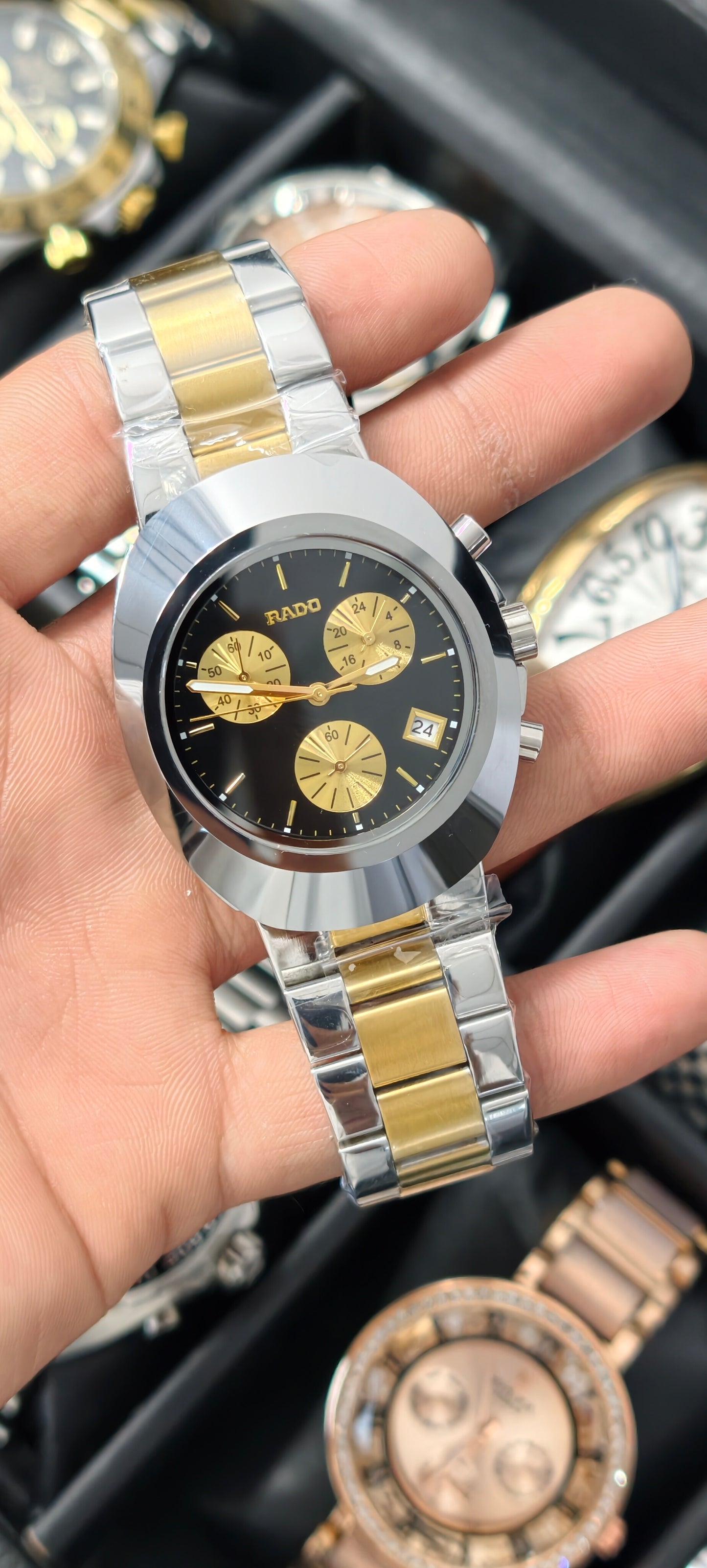 Rado Diastar Black Gold Dial Chronograph Steel High Quality Watch For Men's